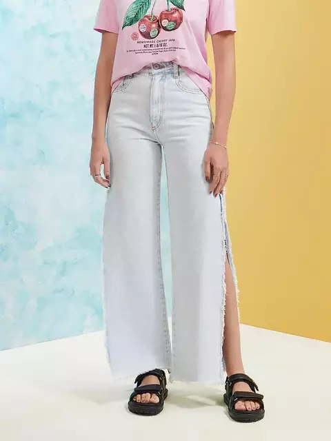 Calça Wide Jeans Com Abertura Lateral