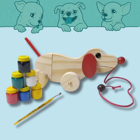 Cachorrinho de madeira para pintar 100% Artesanato com kit de tintas e pincel. Close na textura da madeira maciça e no kit de 6 cores de tinta.