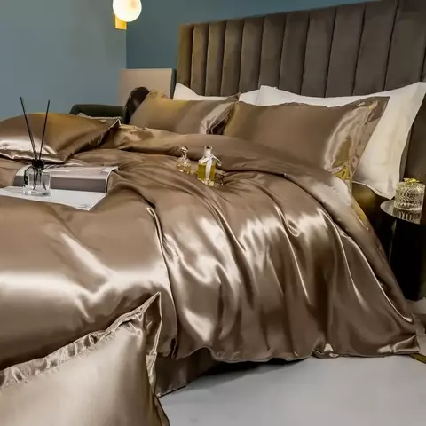 Conjunto de cama de seda sólida com capa de edredão lençol fronha luxo único
