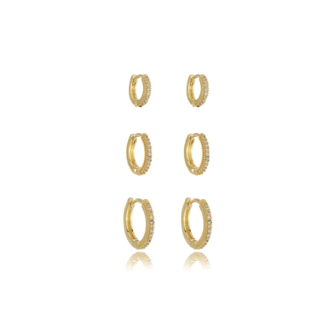 Kit Trio De Brincos Argolas Finas Cravejadas Banho Ouro 18k