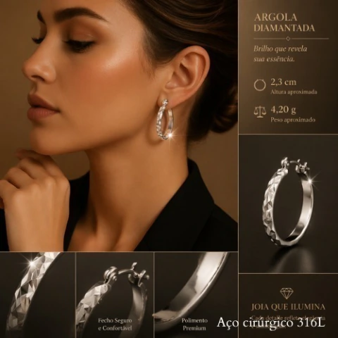 Argola Diamantada Prata Aço Cirúrgico 316L
