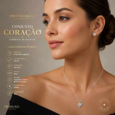 Conjunto Colar e Brinco Coração Prata 925