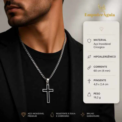 Colar Masculino Crucifixo Vazado Aço Inoxidável Cirúrgico