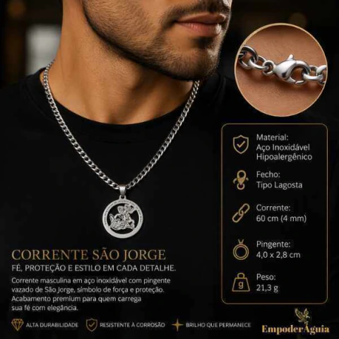 Corrente Masculina Espada de São Jorge Aço Inox 60cm 4mm