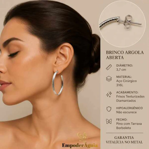 Brinco Argola Média em Aço Inox com Frisos Diamanta
