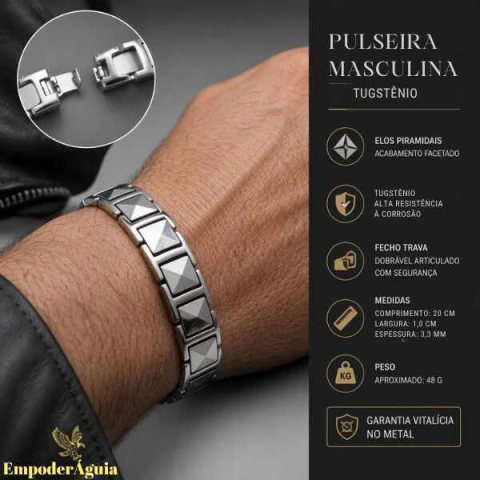 Pulseira Masculina em Tungstênio com Elos Piramidais Facetados