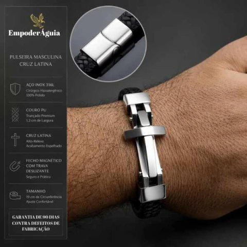 Pulseira Masculina Híbrida Cruz de Fé em Aço Cirúrgico e Couro PU Trançado Preto!