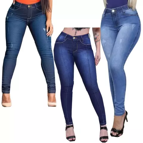 Kit 3 Calças Feminina Cintura Alta Lycra Jeans Com Lycra Elastano Cós Alto Até o Umbigo Modelagem Levanta Bumbum