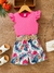 SHEIN Young Girl Round Neck Solid Color Cap Sleeve Top And Belted Tropical Printed Shorts Set For Spring And Summer - online store