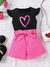 2pcs Young Girl Summer Lightweight Casual Outfit, Short Sleeves Cap Sleeve Knitted Round Neck Tee With Heart Print, Woven Shorts With Waist Tie, Simple And Fashionable, Comfortable Lightweightg For Children In Summer