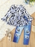 SHEIN 2pcs/Set Young Girl Stylish Number Digital Print Round Neck Flared Long Sleeve Top And Denim Effect Pants Set, Spring/Autumn