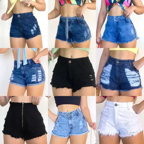 Kit Lote 5 Shorts Jeans Feminino Cintura Alta Hot Pants Destroyed Atacado Revenda - comprar online