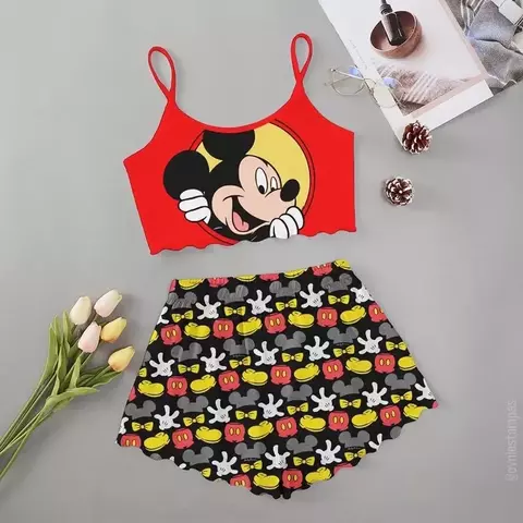 Pijama Feminino Cropped Personagens Roupa de Dormir Baby Doll Moda