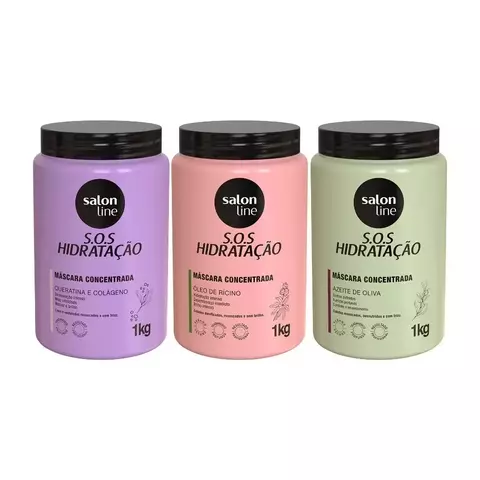 Kit com 3 Máscaras SOS Hidratação: Ultra Cachos + Turbinada + Bio-Reconstrução Salon Line