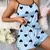 Conjunto de pijama estampado em forma de coração feminino, camiseta gola redon - Allpha Shope