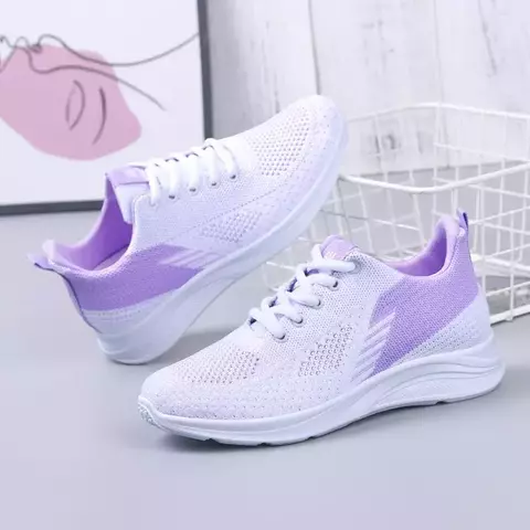 Primavera Novas Mulheres Voando Weave Malha Esporte Casual Leve Soft Sole Runnin