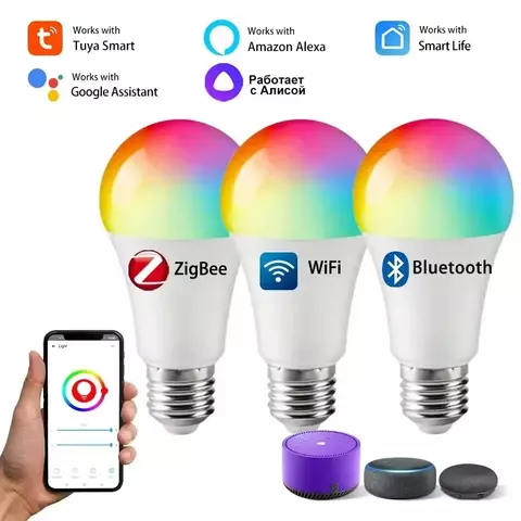 Lâmpada LED Tuya Inteligente, E27, E26, AC 85-265V, WiFi, Bluetooth, Zigbee, Lâmpada RGB, Spotlight, Ampolas Remoto, Controle de Grupo, Vida Inteligente