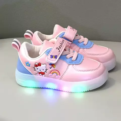 Sapatos Hello Kitty LED para crianças, Tênis de fundo macio, Sapatos casuais p