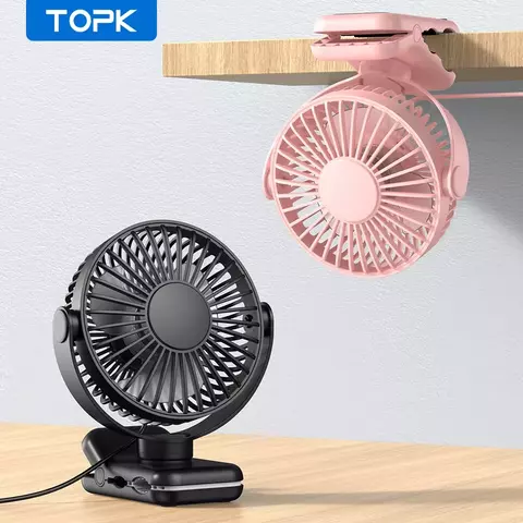 Topk-Mini Portátil Clip no Ventilador USB Desk Fan, ventilador elétrico pessoa