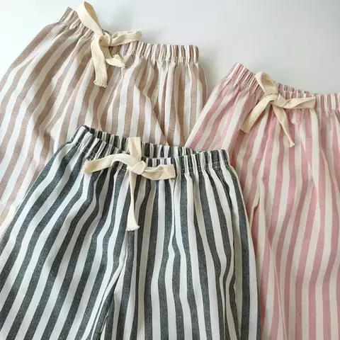 Calções de linho de algodão infantil, calças listras, calça curta solta, ro