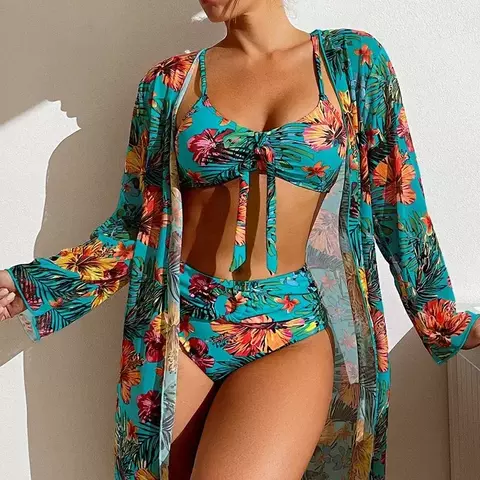 Conjunto de biquíni estampado de três peças para mulheres, roupa de banho de