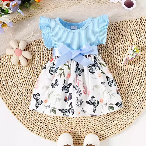 Vestido de cinto de manga com babados e estampa de bolinhas de borboleta e plant