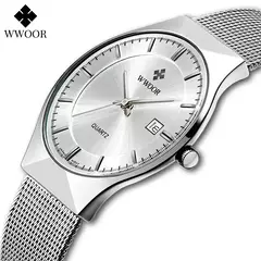 Wwoor-relógio de pulso masculino de quartzo com malha e malha de aço, marca de - comprar online