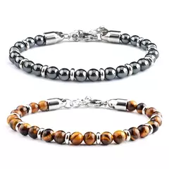 Clássico Pulseira de hematita frisada para homens e mulheres, pedra olho de tig - Vaníri