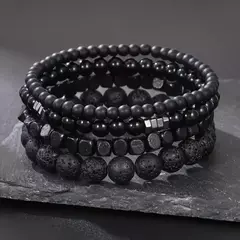 Pedra de Areia Preta Contas de Madeira Vulcânica, Pulseira Elástica Combinada - comprar online