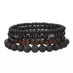 Pedra de Areia Preta Contas de Madeira Vulcânica, Pulseira Elástica Combinada - comprar online