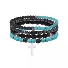 Pedra de Areia Preta Contas de Madeira Vulcânica, Pulseira Elástica Combinada - comprar online
