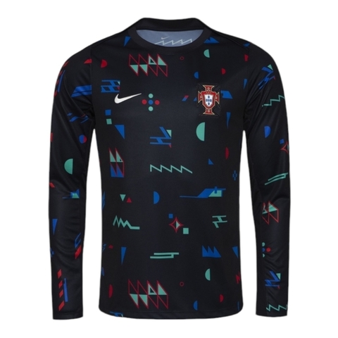 Camisa Seleção Portugal Pré-jogo 24/25 manga longa - Torcedor Nike Masculina - Preta com detalhes em azul e vermelho e verde