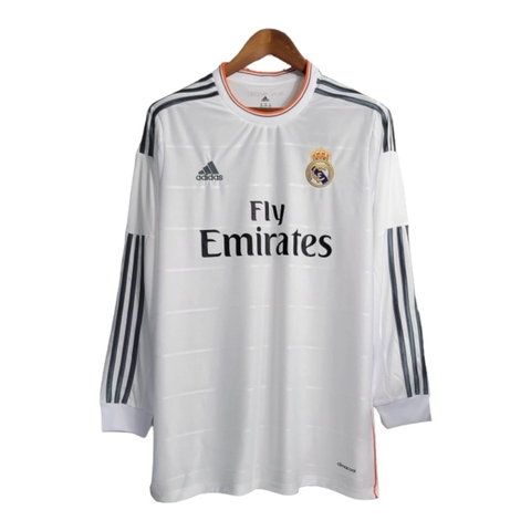 Camisa Retrô Real Madrid I 2013/2014 manga longa - Adidas Masculina - Branca com detalhes em cinza e laranja
