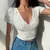 Camiseta floral retrô francesa com decote em v feminina, blusa de manga curta, - tienda online