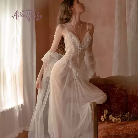 Pijama de malla de encaje para mujer, camisón largo para novia, bata de boda, a