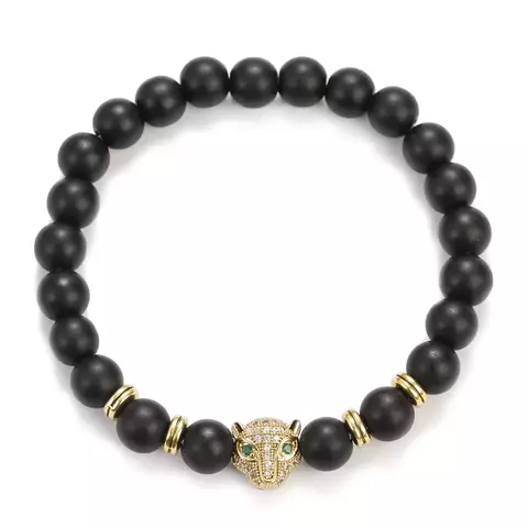 Pulsera de cuentas de madera para hombre, brazalete de leopardo hecho a mano, pi