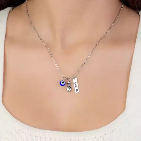 Colar Plaquinha "sorte" saquinho de dinheiro com olho grego azul | Aço inox - comprar online