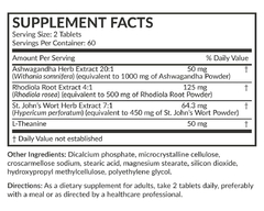 Chill Pill+ Ashwagandha Rhodiola St. John´s Wort y L- Teanina Etiqueta de informacion nutricional y de ingredientes.