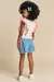 Conjunto de Blusa com Babados e Estampa Xadrez e Moranguinho com Shorts Jeans Kukiê (Acompanha Bolsa de Morango)