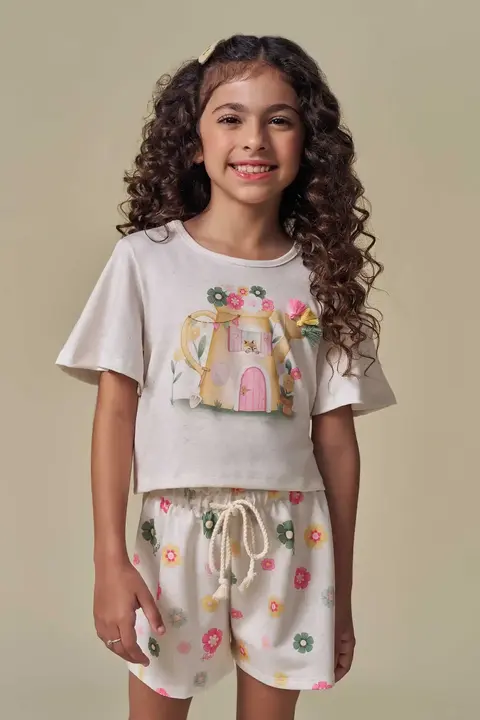 Conjunto de blusa em malha fresh floral com shorts em molecotton - Infanti