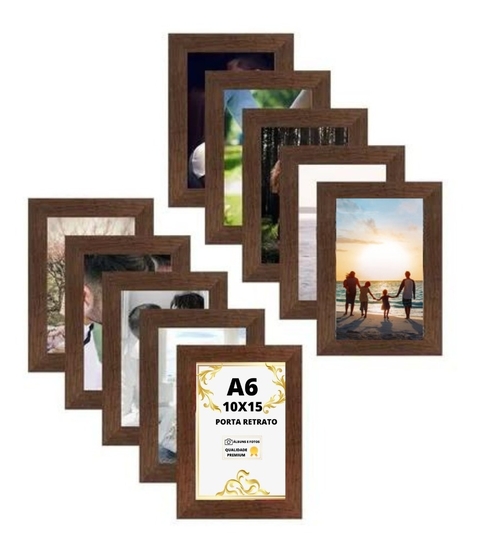 Kit com 10 Porta-Retratos 10x15 cm A6 - Moldura Marrom com Vidro