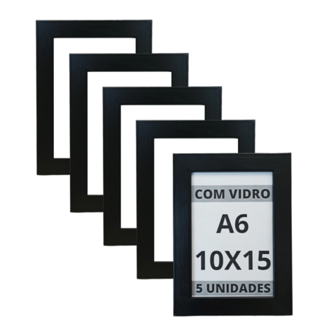 Kit 5 Porta Retratos 10x15 A6 Foto Moldura Preta C/ Vidro