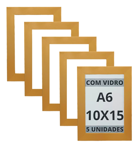 Kit 05 Porta Retratos C/ Vidro 10x15 A6 Foto Moldura Dourada