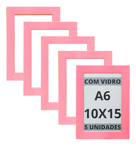 Kit 05 Porta Retratos C/ Vidro 10x15 A6 Foto Moldura Rosa