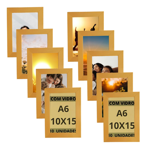 Kit 10 Porta Retratos 10x15 A6 Foto Moldura Dourada C/ Vidro