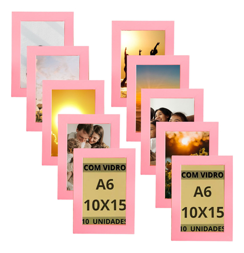 Kit 10 Porta Retratos 10x15 A6 Foto Moldura Rosa C/ Vidro
