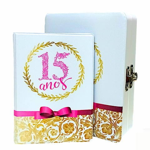 Álbum Maleta 15 Anos Rosa e Branco Para 100 Fotos 10x15