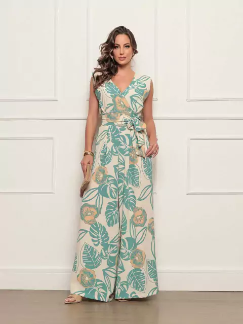Macacão longo feminino estampado com cinto e bolso