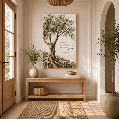 Quadro Cristão Oliveira Verdejante na Casa de Deus – Salmos 52:8 | Vertical