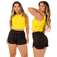 Imagem do Short Feminino de Malha Canelada Preto Ajustável